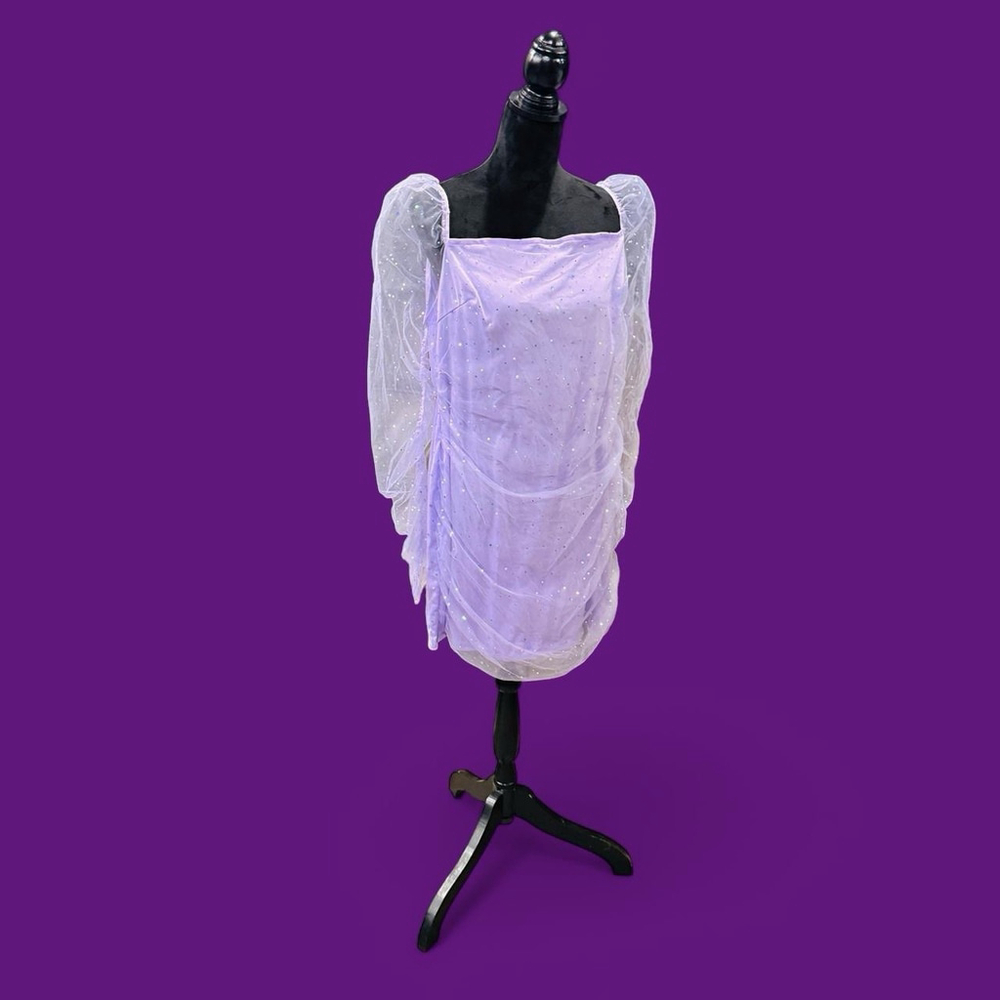 Lavender Sparkle Mini Dress with Sheer Puff Sleeves - Picture 4 of 10